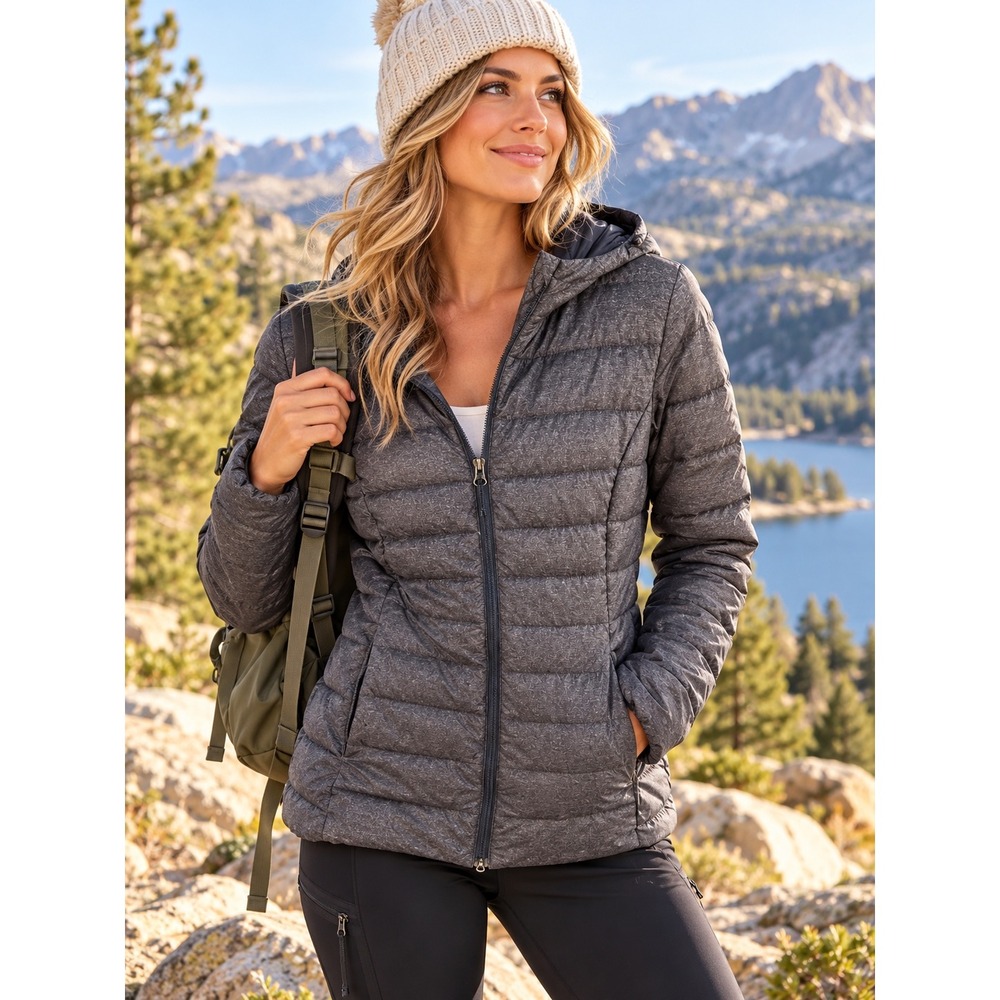 Eddie Bauer Womens Grey Heathered Hooded Down Puffer Jacket Small Full Zip Coat